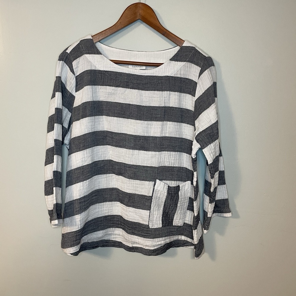 Habitat Black & White Block Striped Shirt Size S Lagenlook Artsy